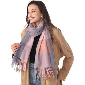Women Pink Grey Blue Winter Warm Shawl Wraps Tartan Blanket Oversized Scarves